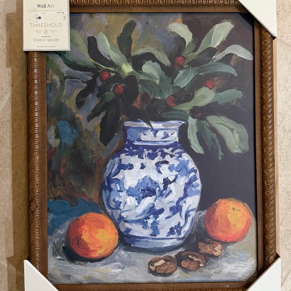 Studio McGee Blue and White Vase with Green Leaves and Orange Accents new